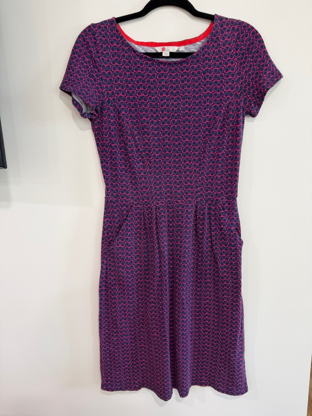 Boden Navy/ Pink Midi Dress with Pink Eye Glasses motif